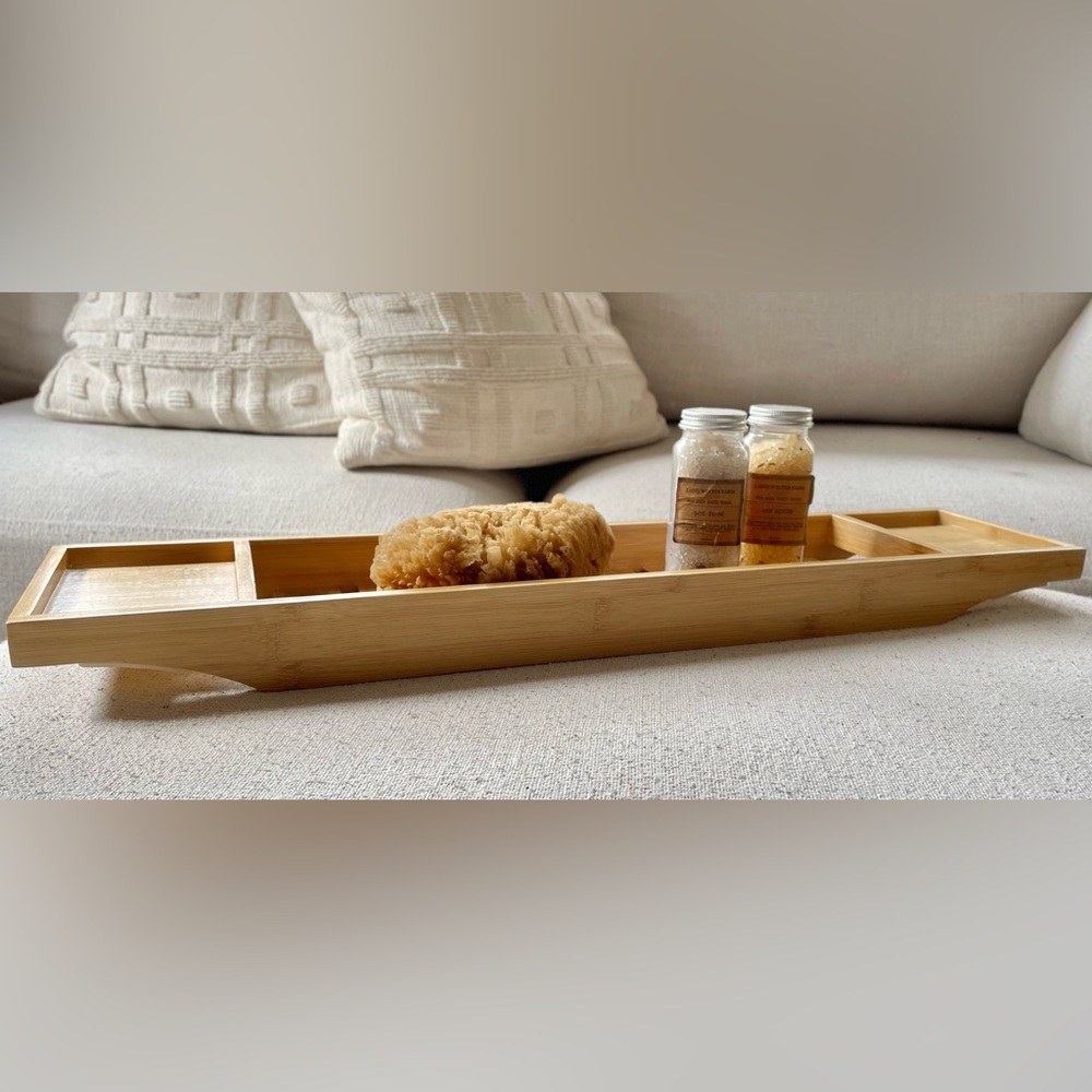 NATURAL BAMBOO BATH TRAY TUB TRAY WITH COMPARTMENTS